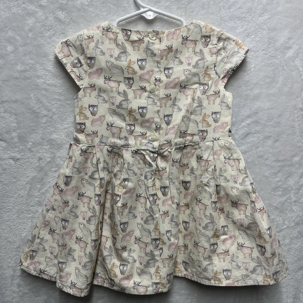 NEXT Baby Dress Baby Girl 9-12m Woodland Animals Forest Deer Bear Lined Cotton - Picture 5 of 5